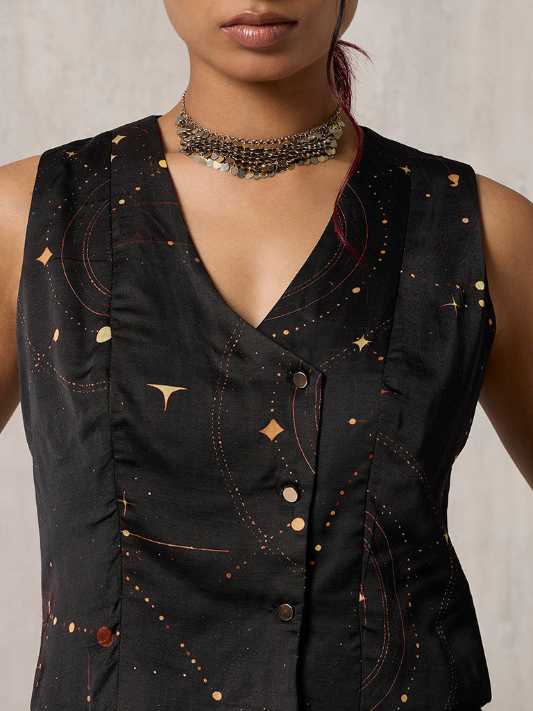 Samoh Printed Black Waist Coat