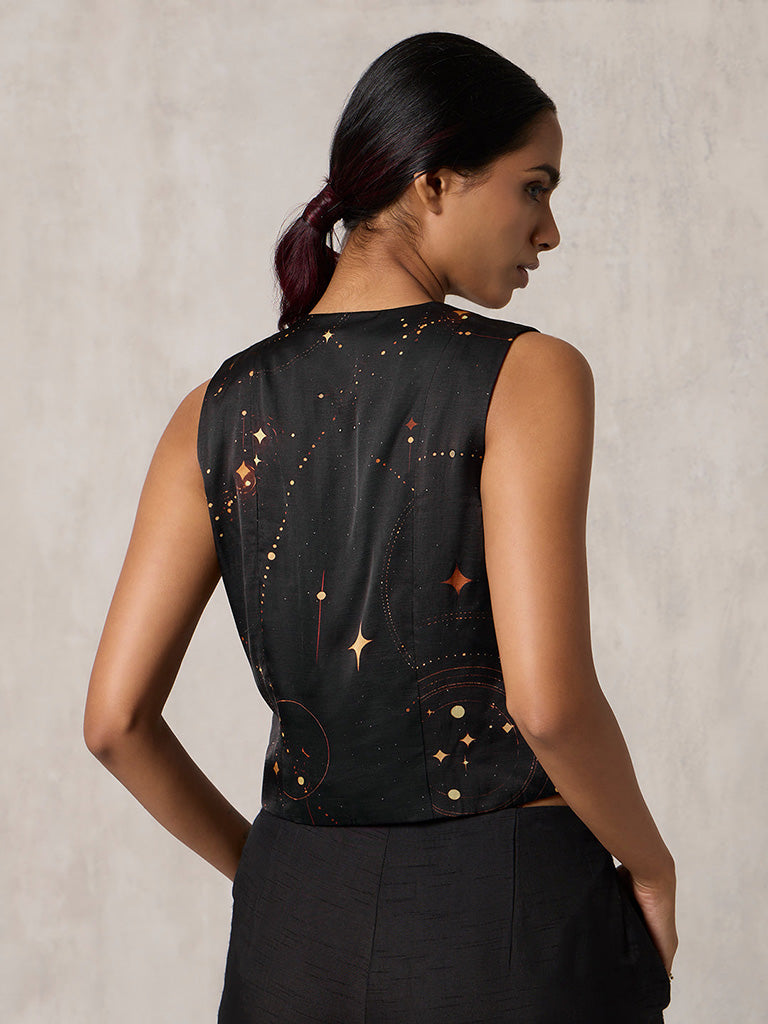Samoh Printed Black Waist Coat