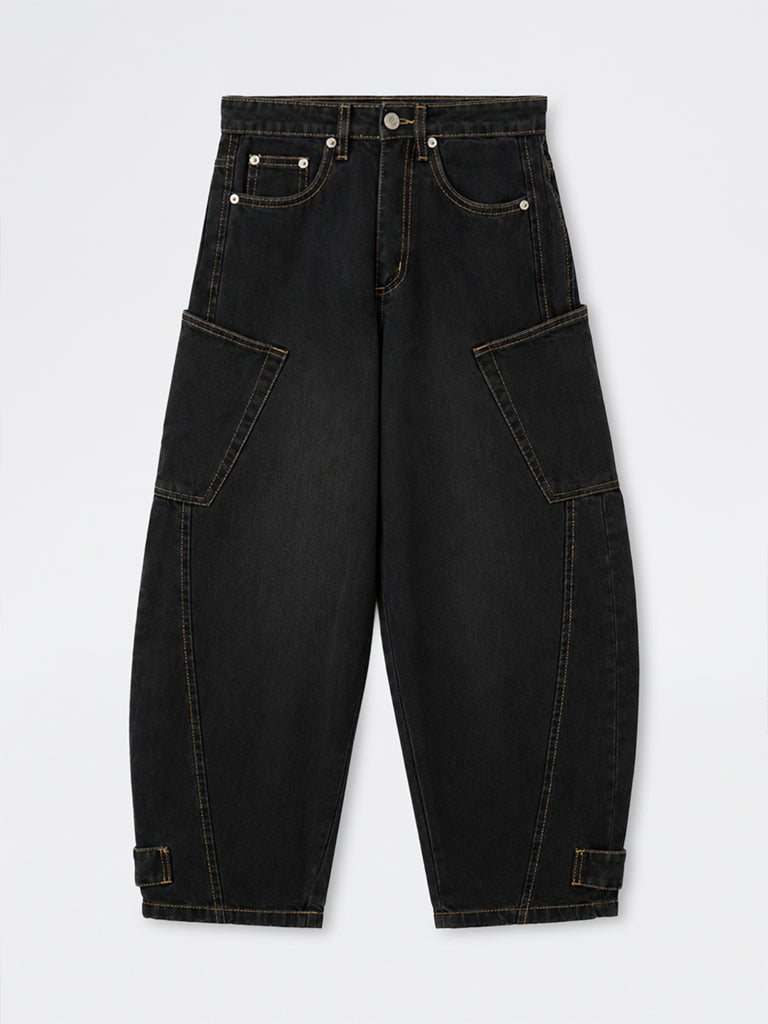 Nuon Black Washed Barrel-Fit High-Rise Jeans