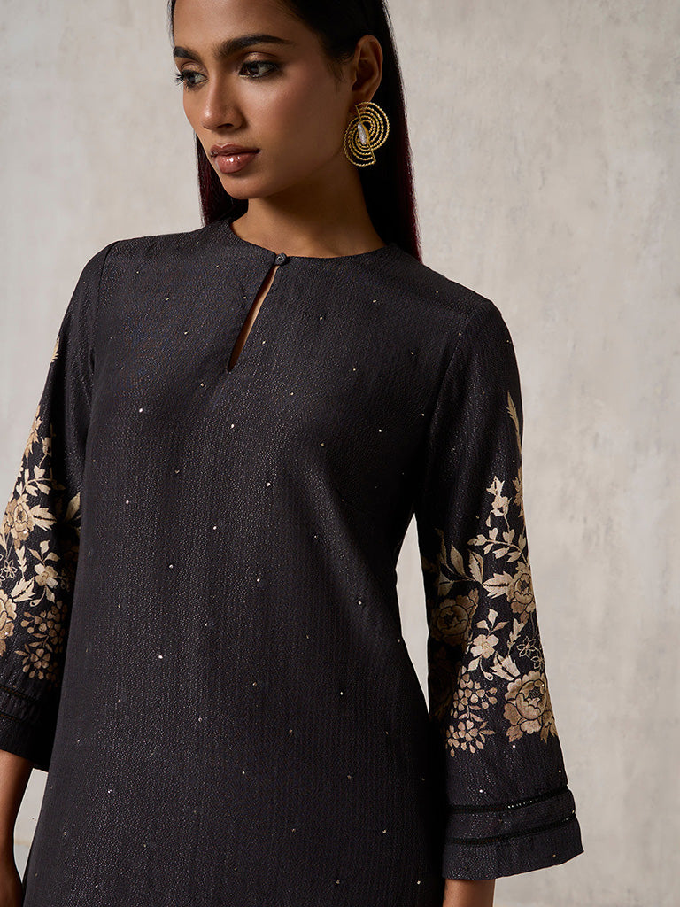 Floral Design Black Kurta Set