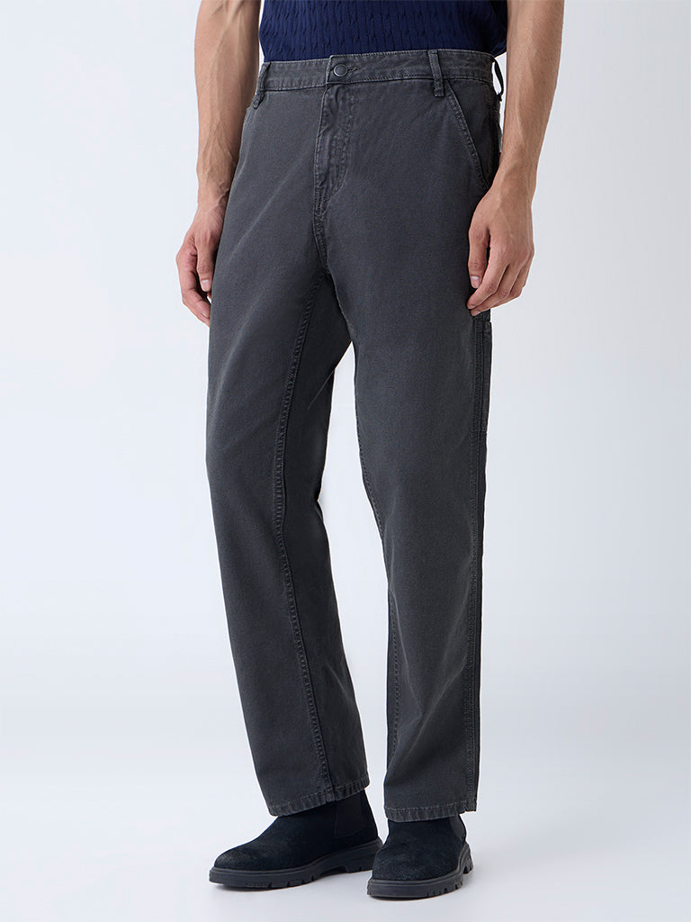 WES Casuals Charcoal Relaxed-Fit Mid-Rise Cotton Chinos