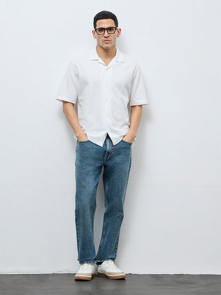 WES Casuals White Seersucker Striped Relaxed-Fit Shirt