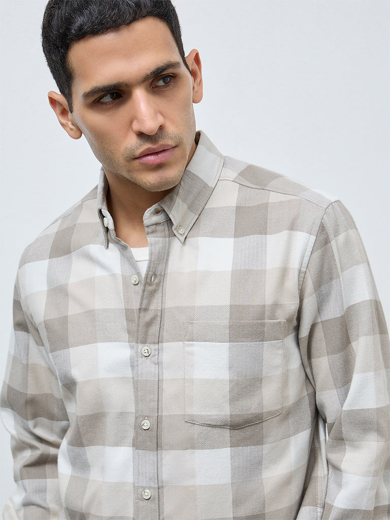 WES Casuals Taupe Checks Relaxed-Fit Cotton-Blend Shirt