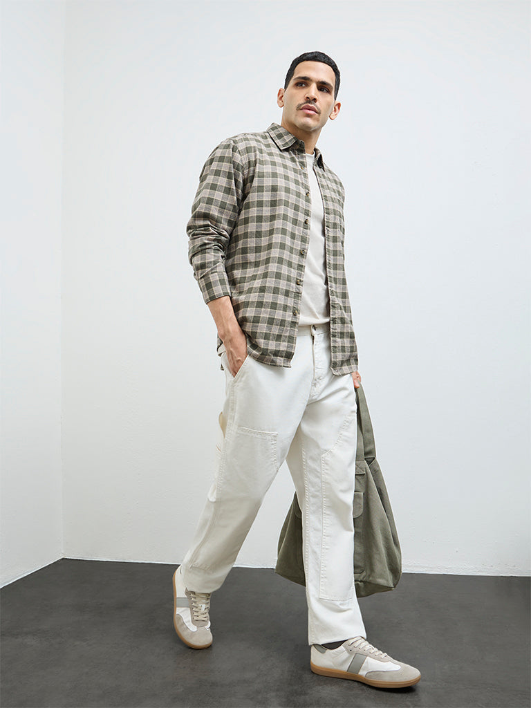 WES Casuals Olive Checkered Relaxed-Fit Cotton Shirt