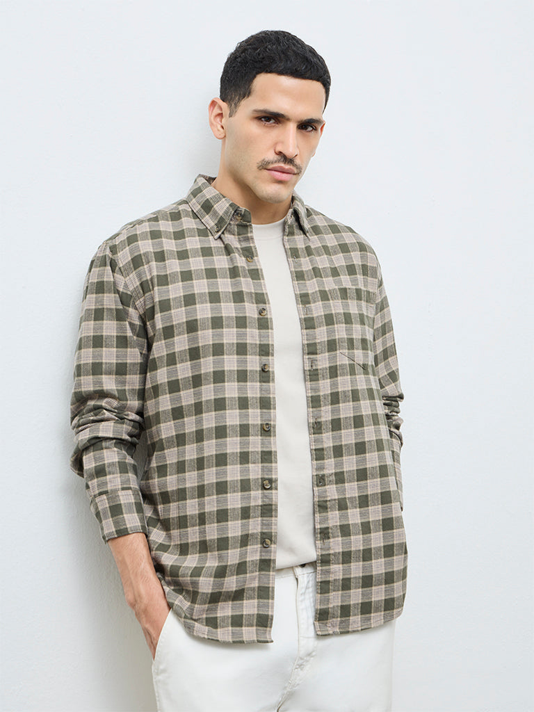 WES Casuals Olive Checkered Relaxed-Fit Cotton Shirt