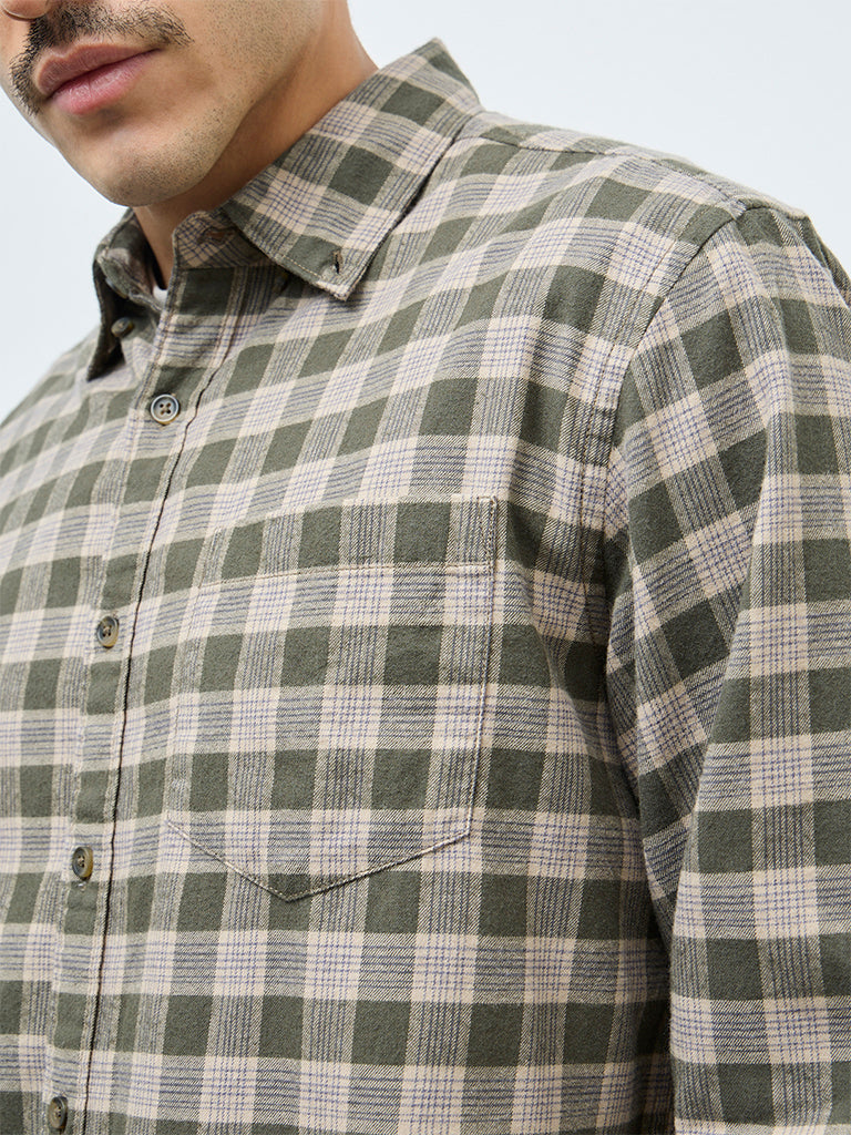 WES Casuals Olive Checkered Relaxed-Fit Cotton Shirt