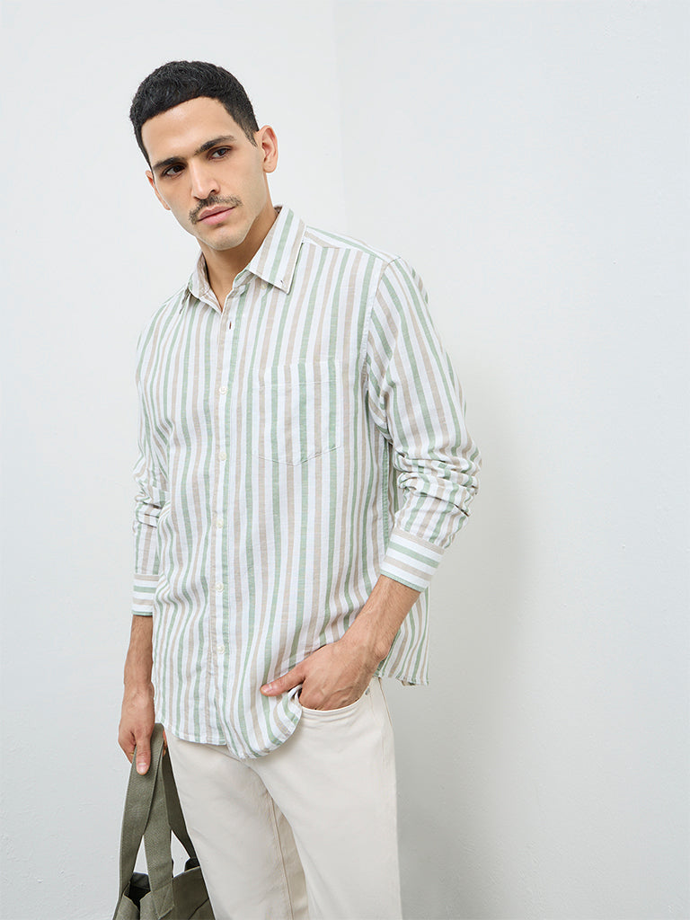 WES Casuals Green Striped Relaxed-Fit Cotton-Blend Shirt