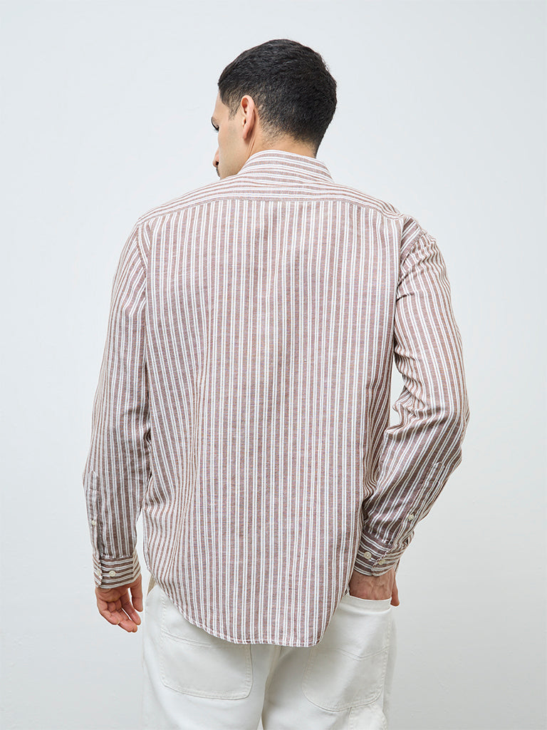 WES Casuals Brown Striped Relaxed-Fit Cotton-Blend Shirt