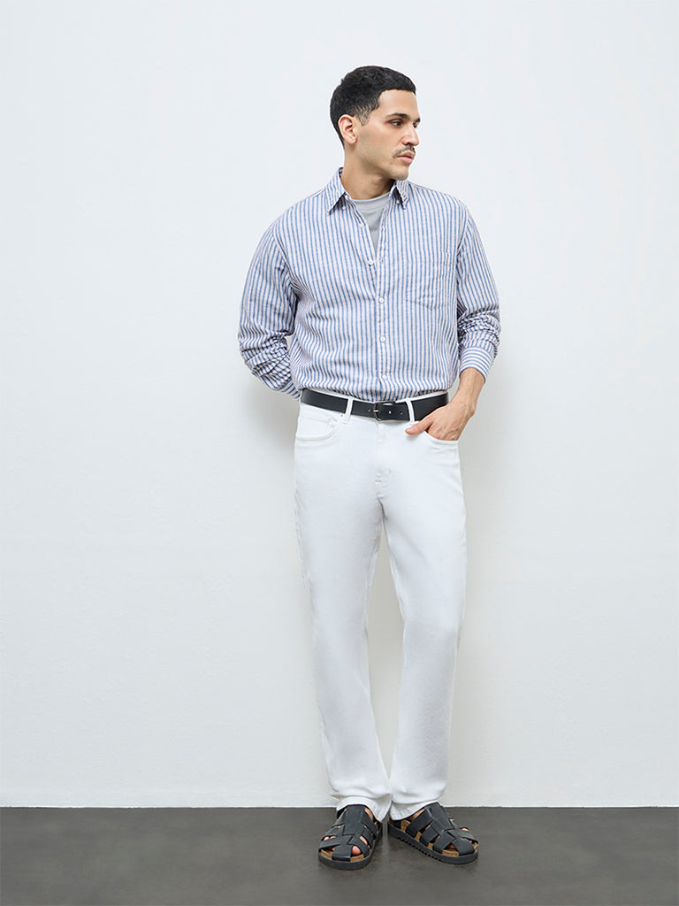 WES Casuals Navy Striped Relaxed-Fit Cotton-Blend Shirt