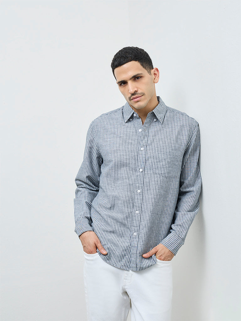 WES Casuals Dark Teal Striped Relaxed-Fit Cotton-Blend Shirt