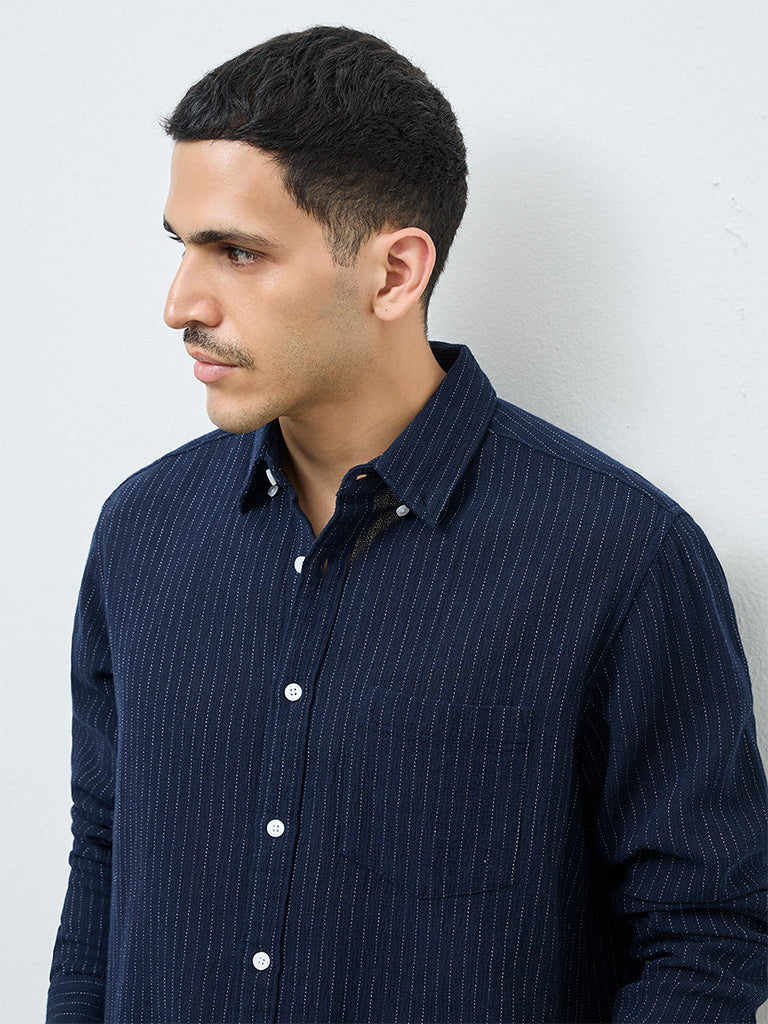 WES Casuals Navy Pinstriped Relaxed-Fit Cotton Shirt