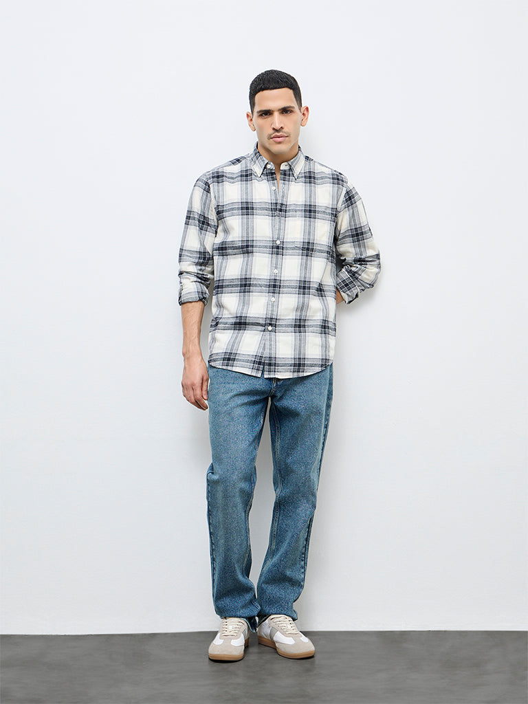 WES Casuals Cream Check Relaxed Fit Cotton Shirt