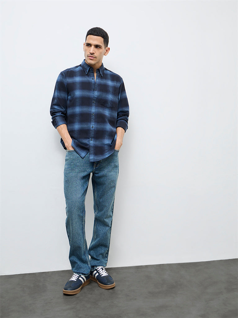 WES Casuals Navy Check Relaxed Fit Cotton Shirt
