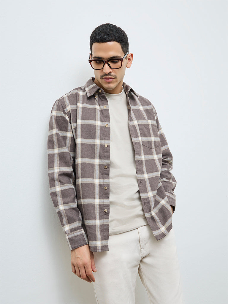 WES Casuals Brown Checks Relaxed-Fit Cotton-Blend Shirt