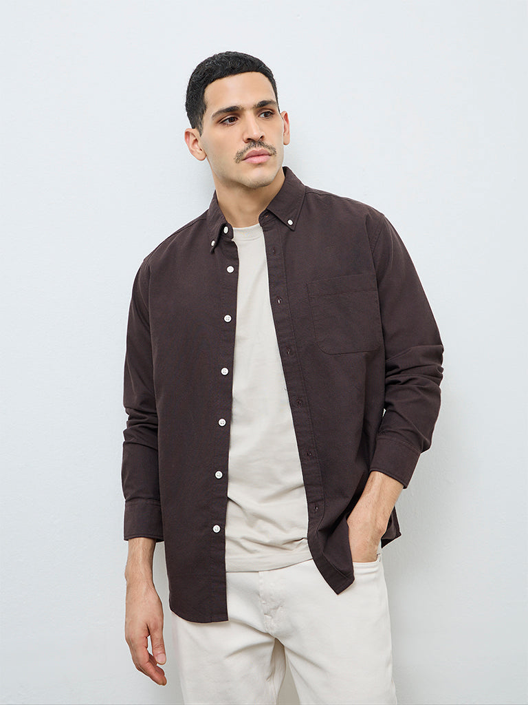 WES Casuals Dark Brown Solid Relaxed-Fit Cotton Shirt