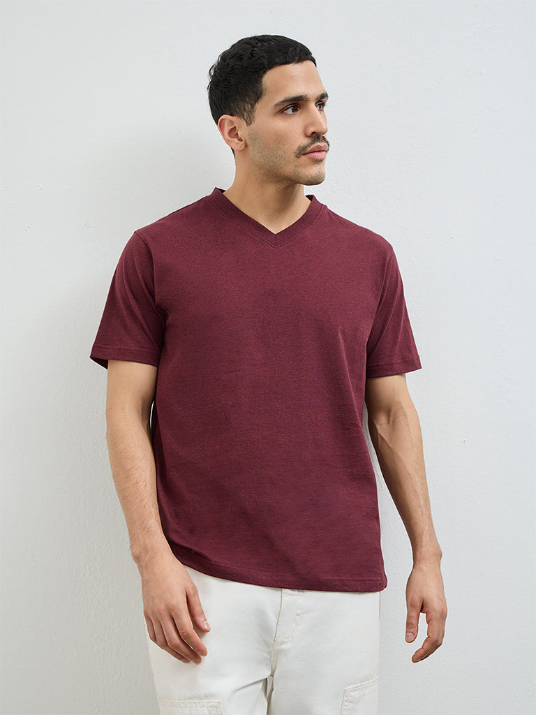 WES Casuals Wine Slim-Fit Cotton T-Shirt