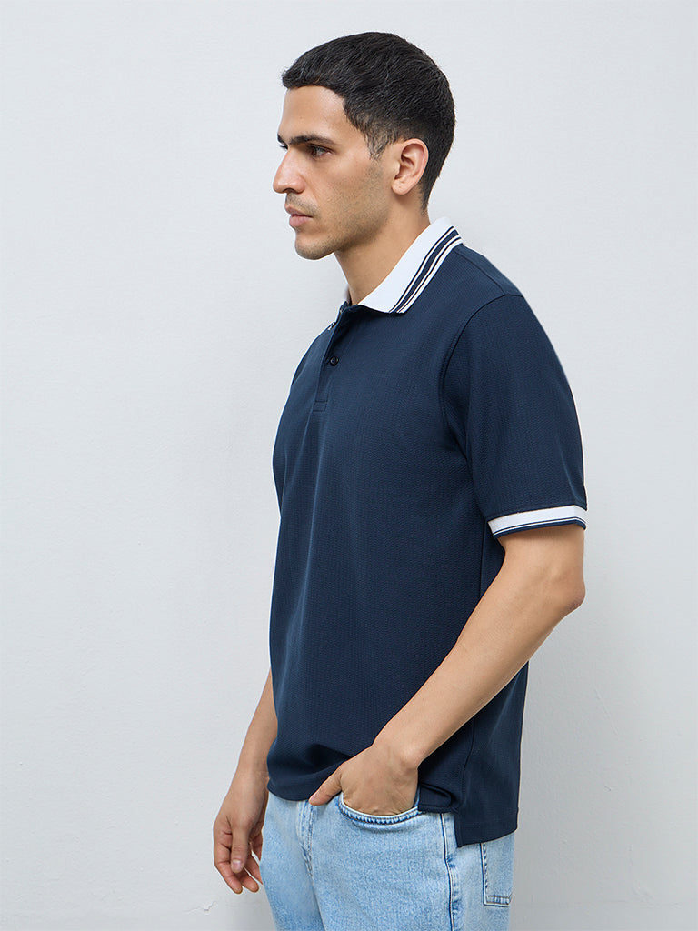 WES Casuals Navy Textured Relaxed-Fit Polo T-Shirt