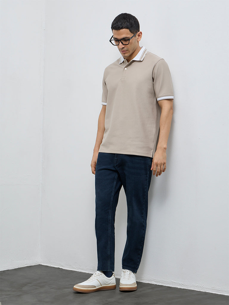WES Casuals Taupe Textured Relaxed-Fit Polo T-Shirt