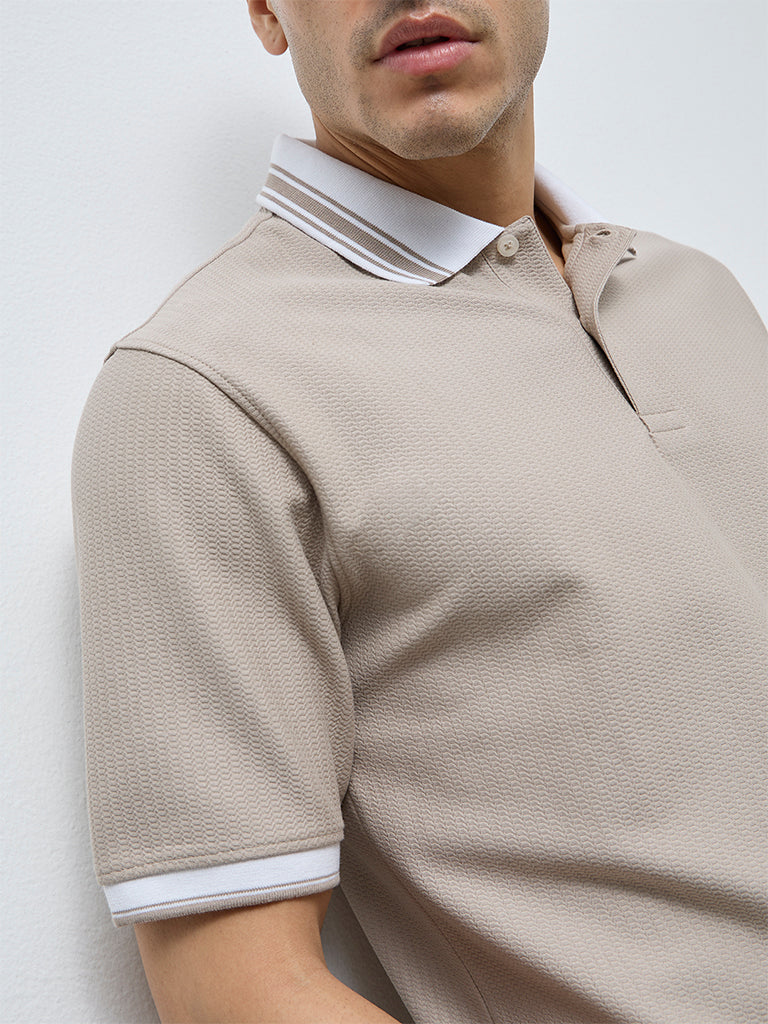 WES Casuals Taupe Textured Relaxed-Fit Polo T-Shirt