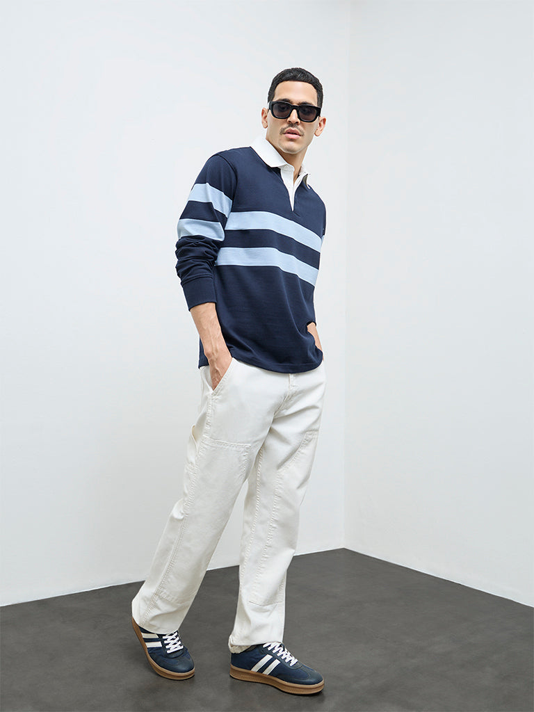 WES Casuals Navy Striped Relaxed-Fit Cotton Polo T-Shirt