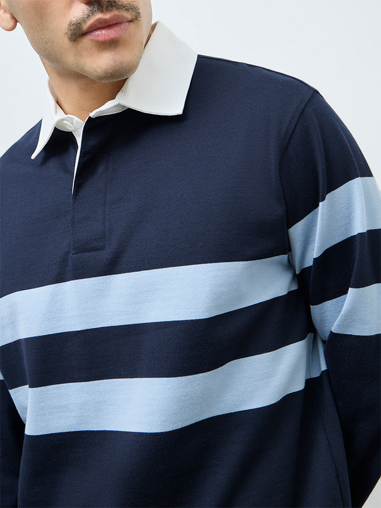 WES Casuals Navy Striped Relaxed-Fit Cotton Polo T-Shirt