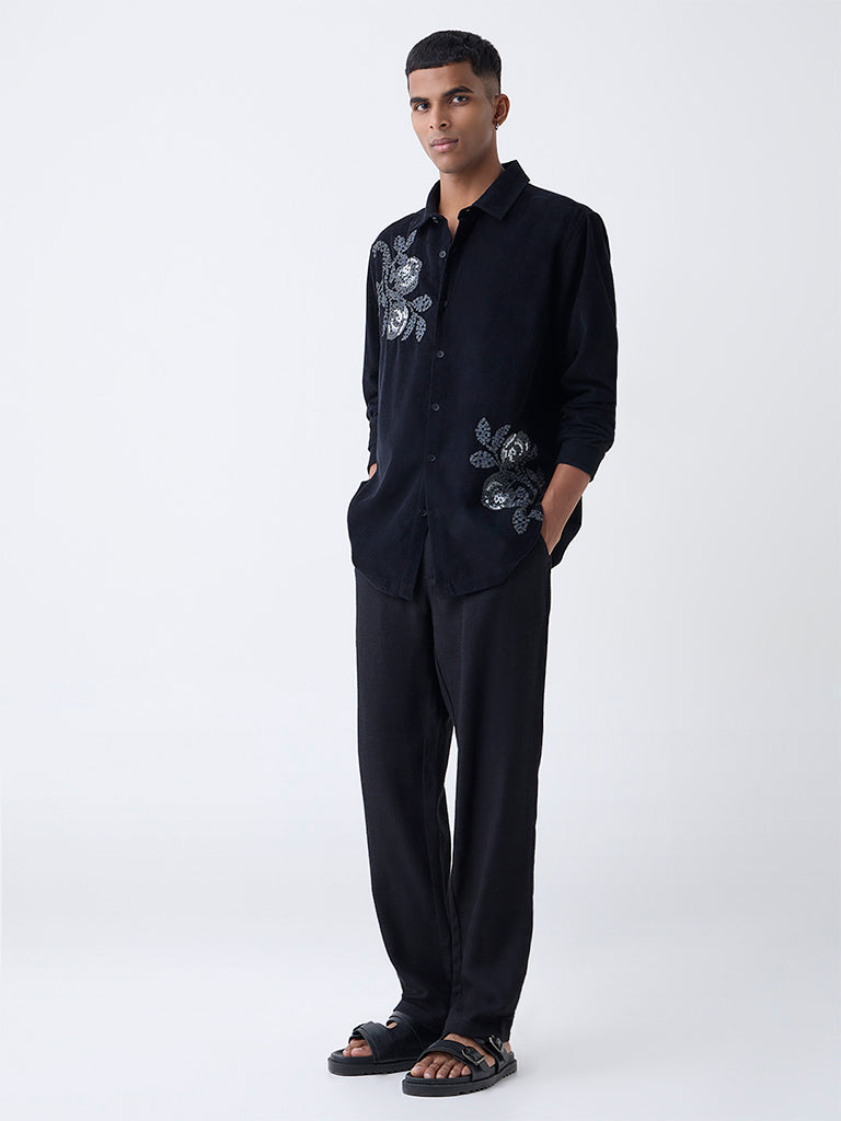 ETA Black Embroidered Relaxed-Fit Cotton Shirt