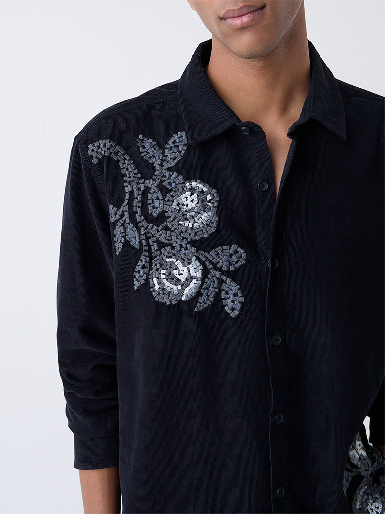 ETA Black Embroidered Relaxed-Fit Cotton Shirt