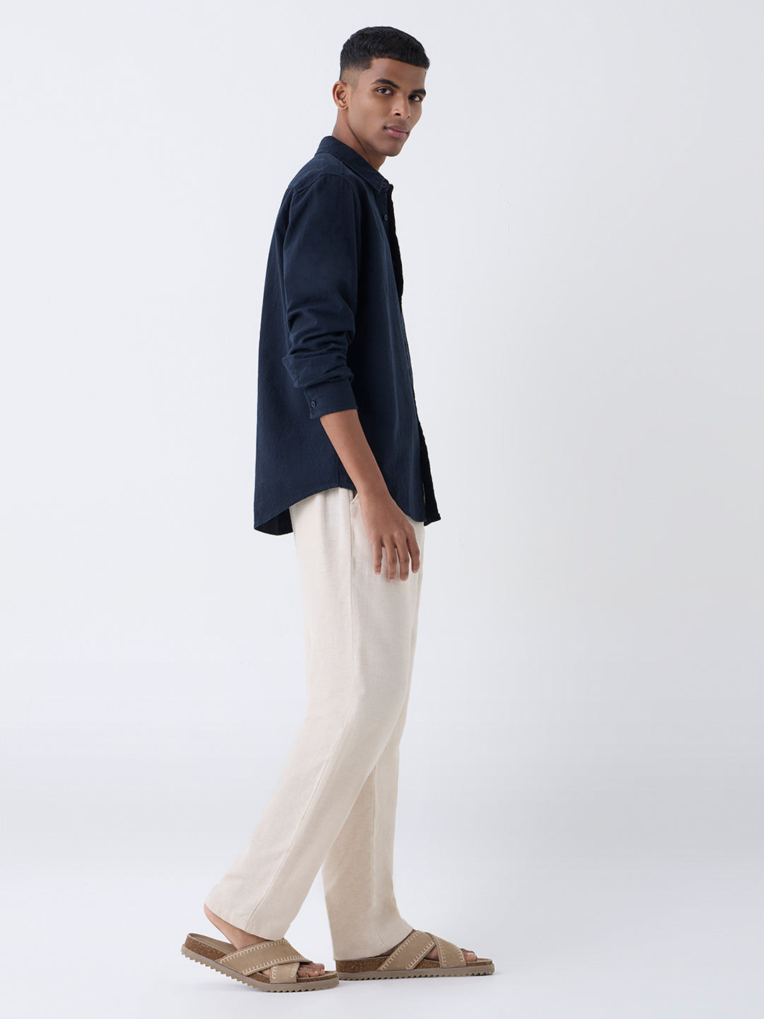ETA Navy Solid Relaxed-Fit Cotton Shirt