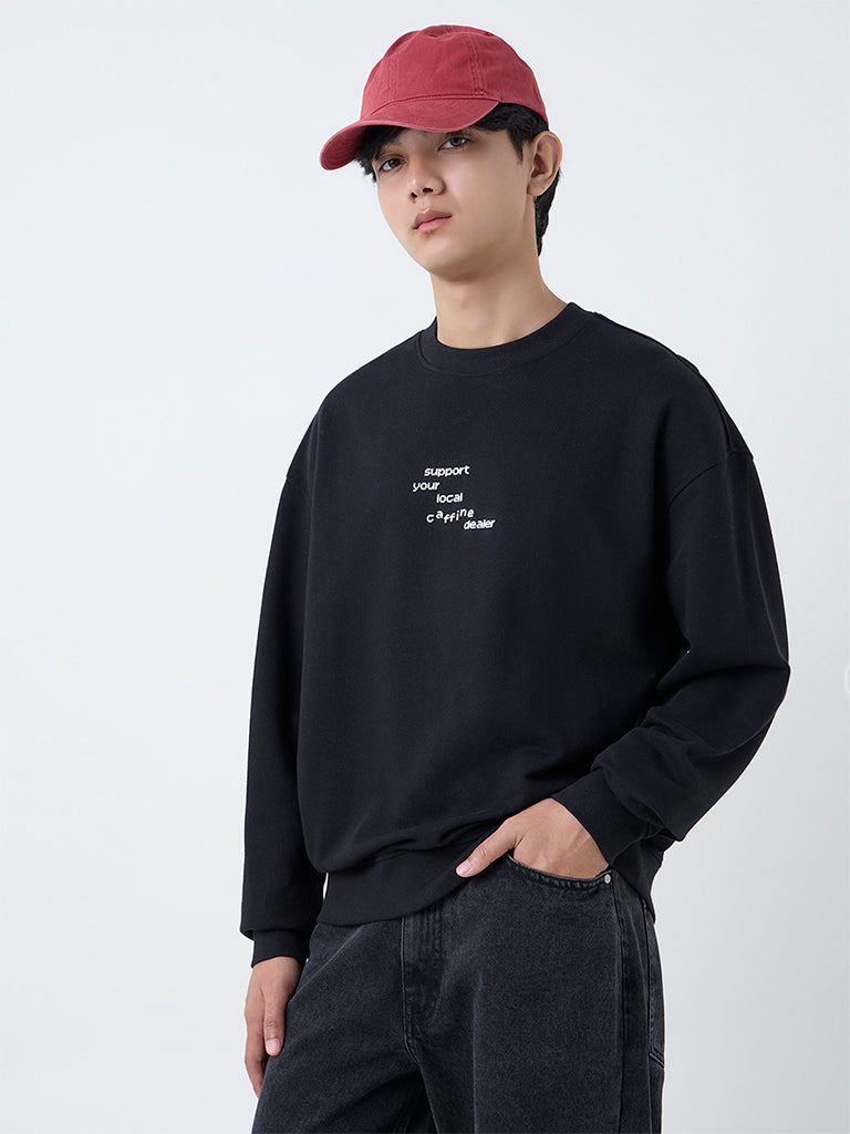 Nuon Black Text Design Relaxed-Fit Cotton Sweatshirt