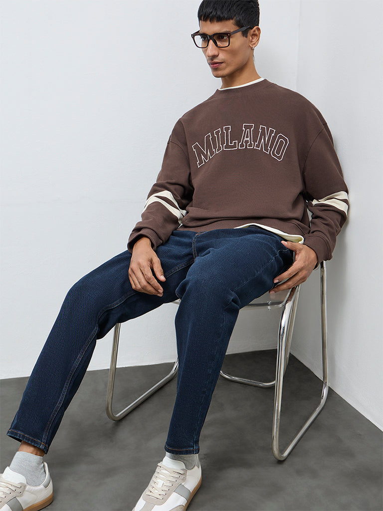 Nuon Dark Brown Text Design Cotton Sweatshirt