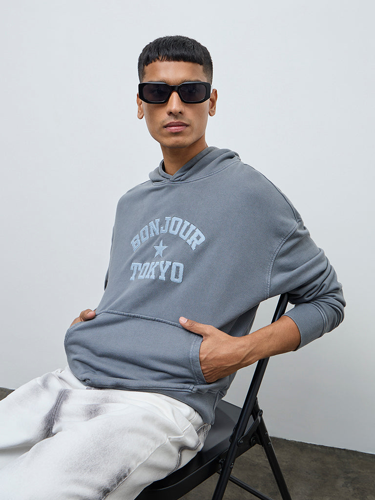 Nuon Grey Text Design Relaxed-Fit Cotton Hoodie