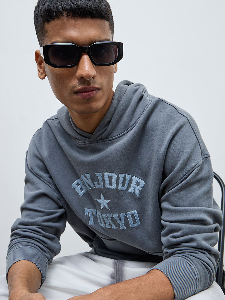 Nuon Grey Text Design Relaxed-Fit Cotton Hoodie