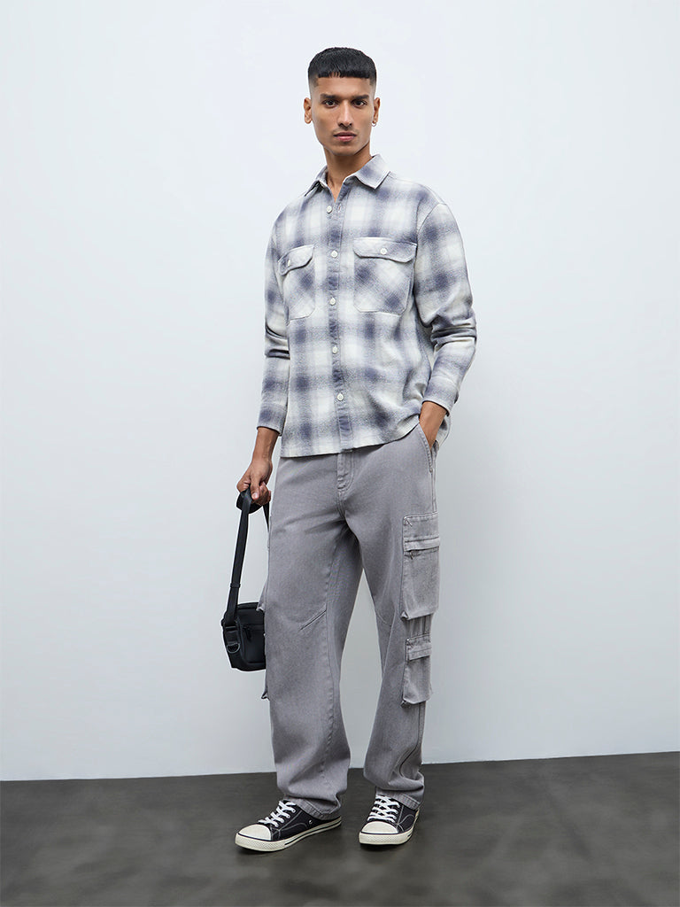 Nuon Grey Checkered Relaxed-Fit Cotton Shirt