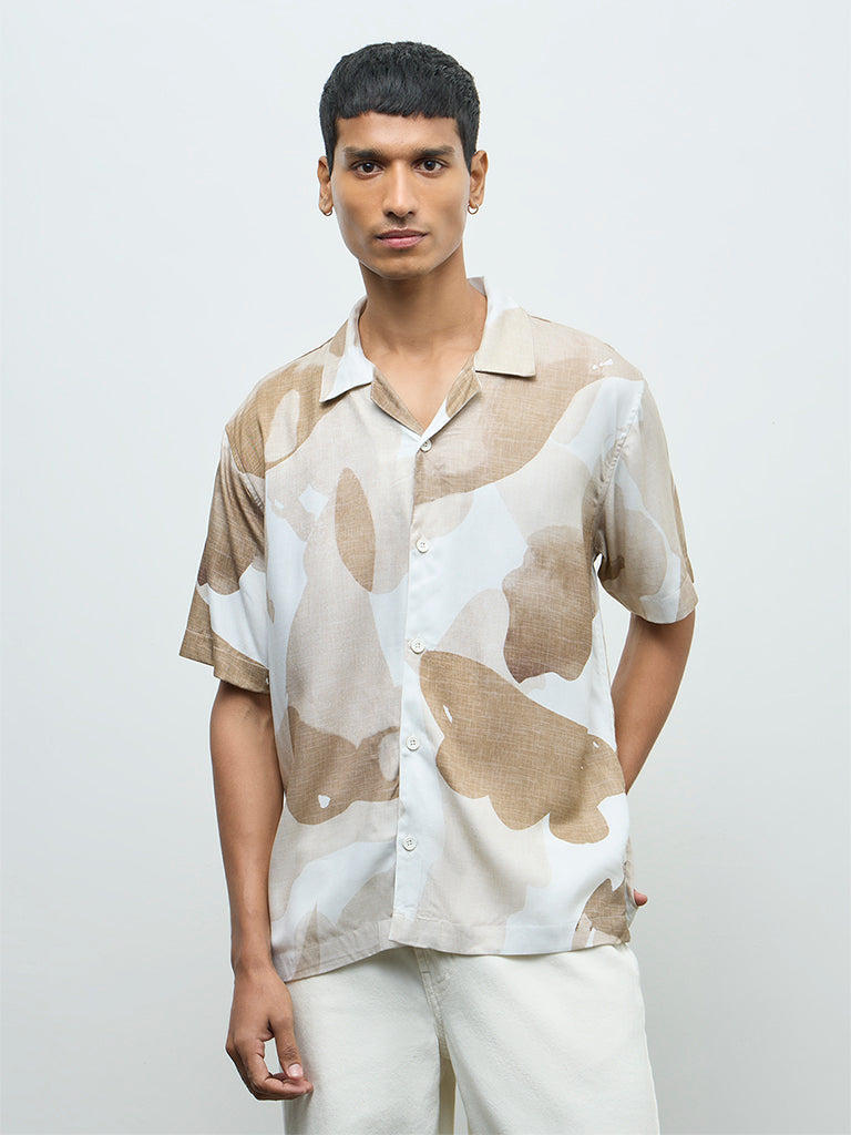 Nuon Brown Abstract Printed Relaxed-Fit Shirt
