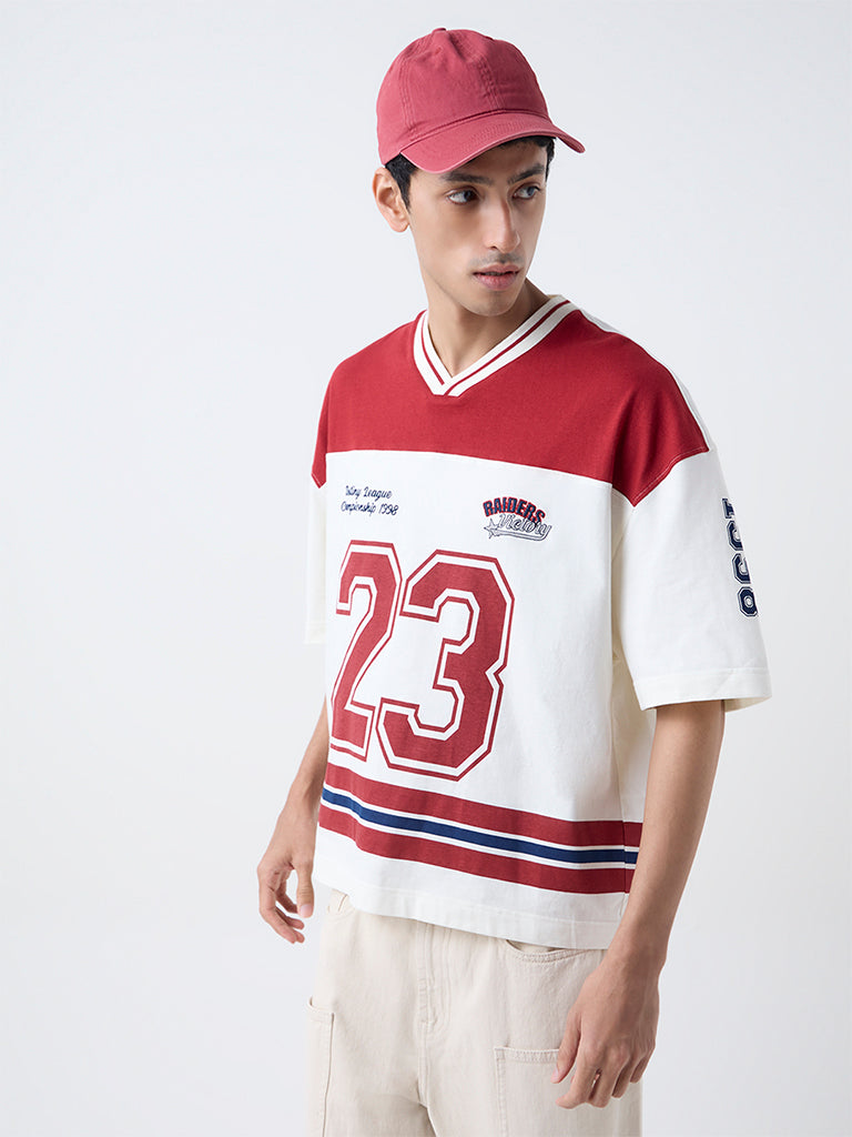 Nuon Red Printed Relaxed-Fit Cotton T-Shirt