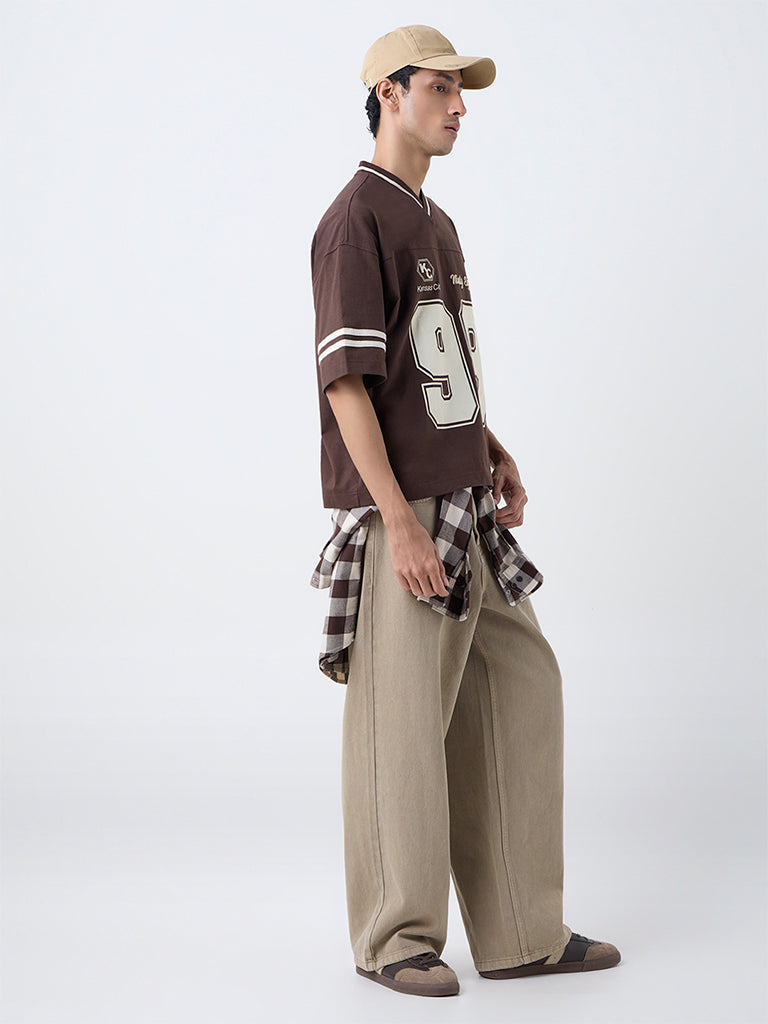 Nuon Dark Brown Printed Relaxed-Fit Cotton T-Shirt