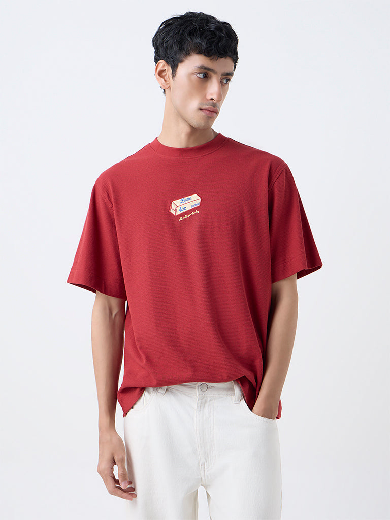 Nuon Red Printed Relaxed-Fit Cotton-Blend T-Shirt