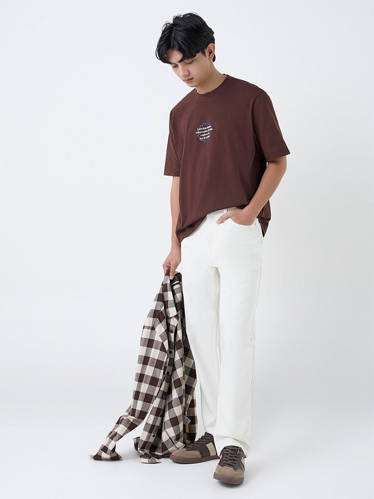 Nuon Dark Brown Printed Relaxed-Fit Cotton T-Shirt