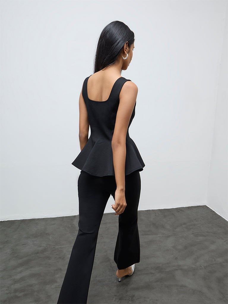 Vark Black Embellished Cotton Peplum Top