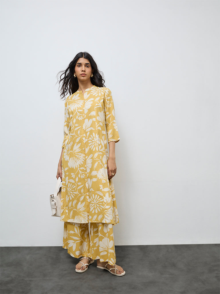 Utsa Yellow Floral Printed A-Line Kurta