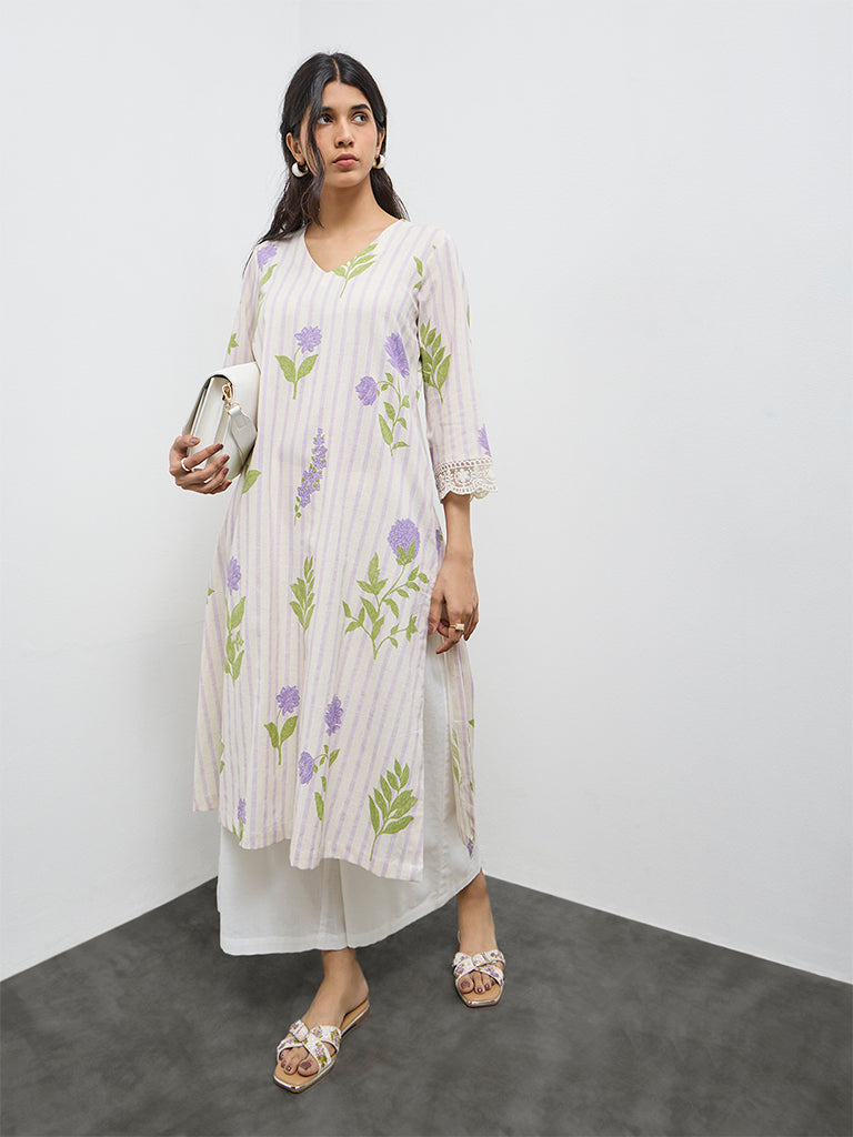 Utsa Purple Floral Printed A-Line Cotton Kurta