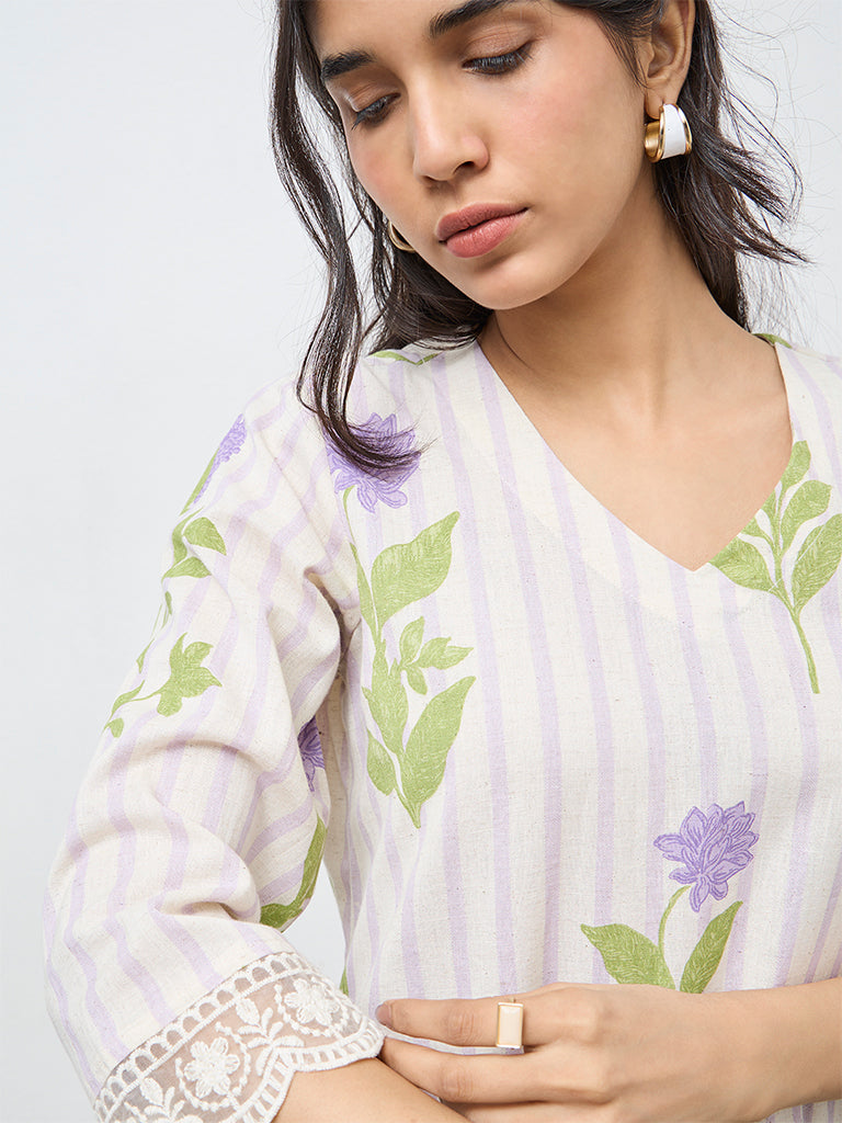Utsa Purple Floral Printed A-Line Cotton Kurta