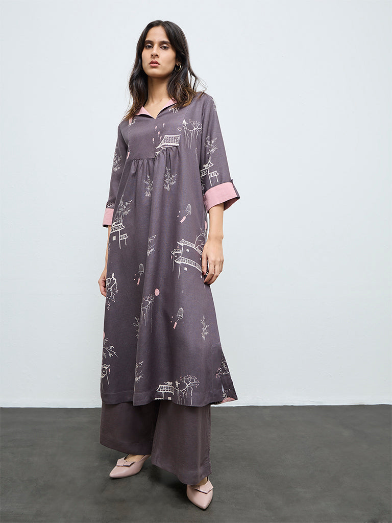 Zuba Charcoal Printed A-Line Kurta