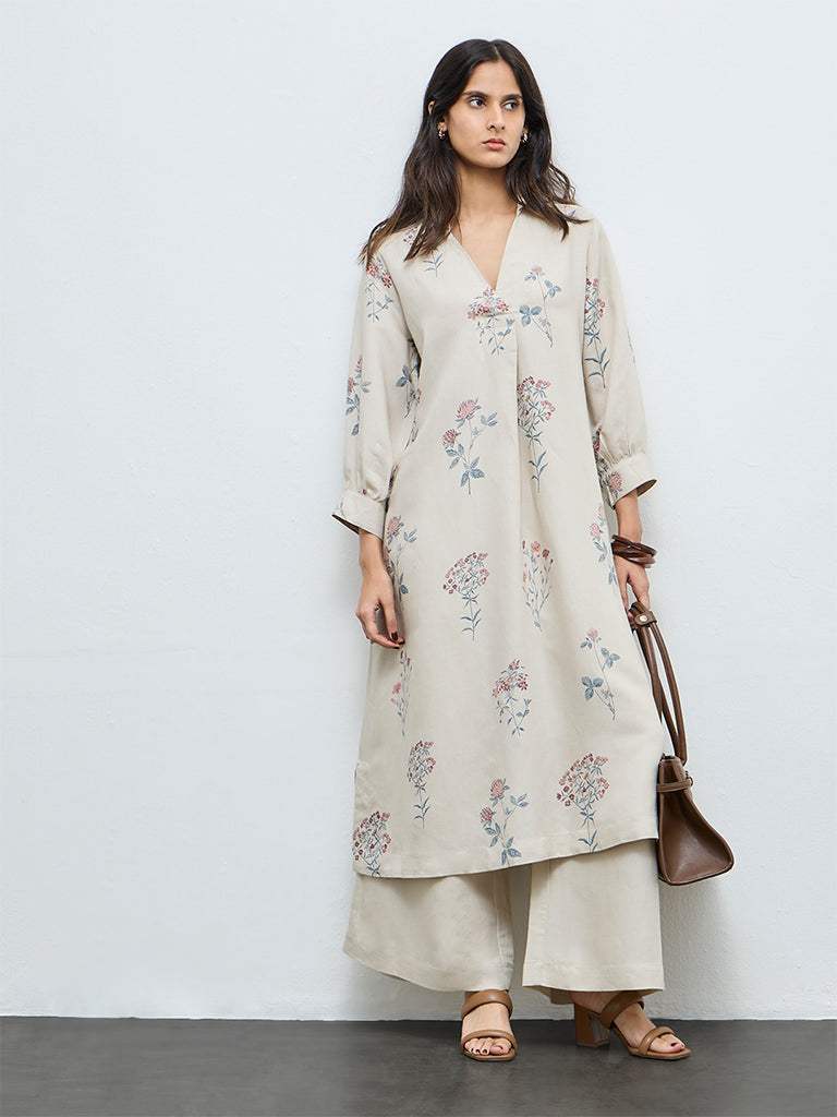Zuba Light Beige Floral Printed A-Line Kurta