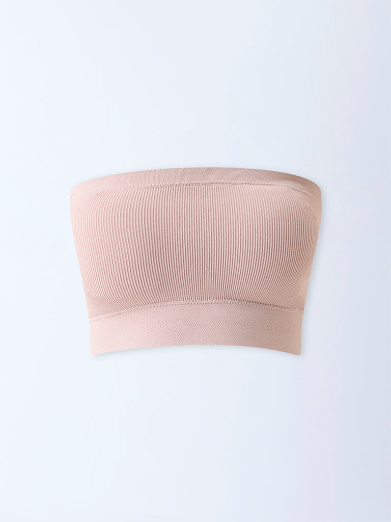 Superstar Beige Ribbed Seam-Free Padded Bandeau Bra