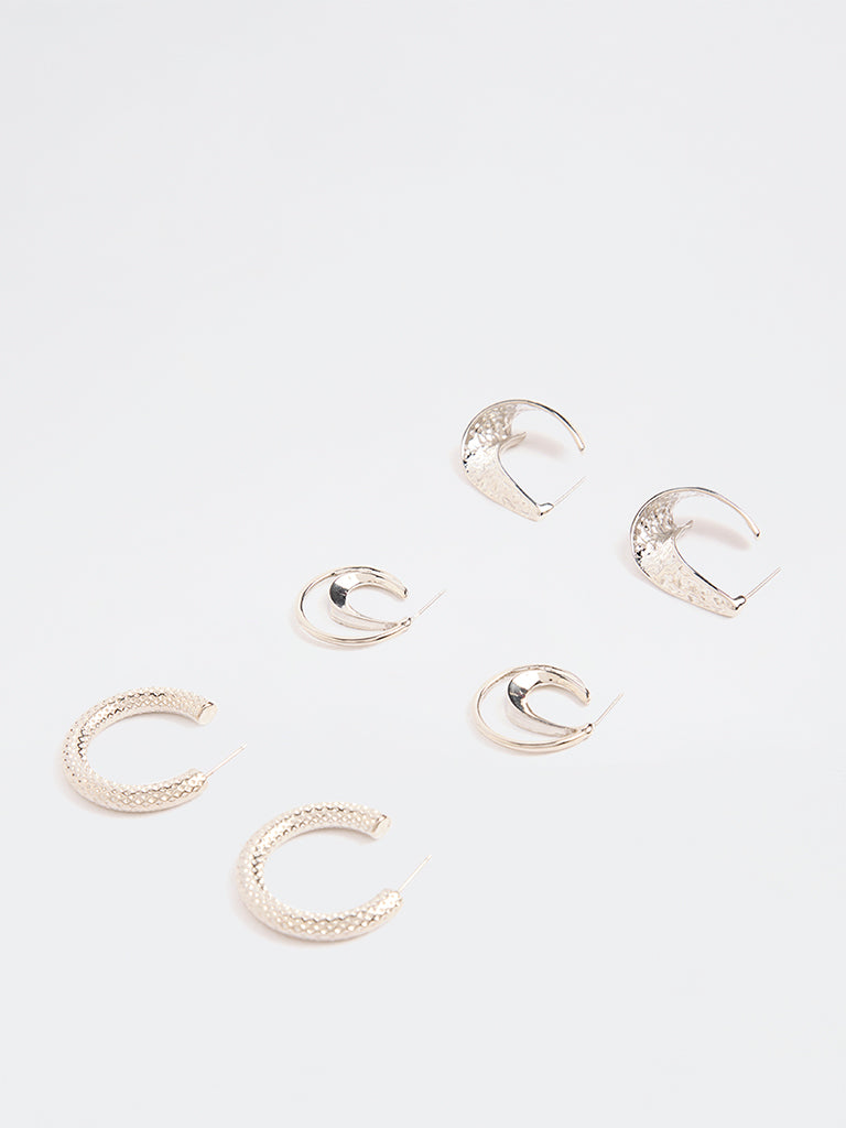 Westside Accessories Silver Textured Hoop Earrings (Pack of 3)