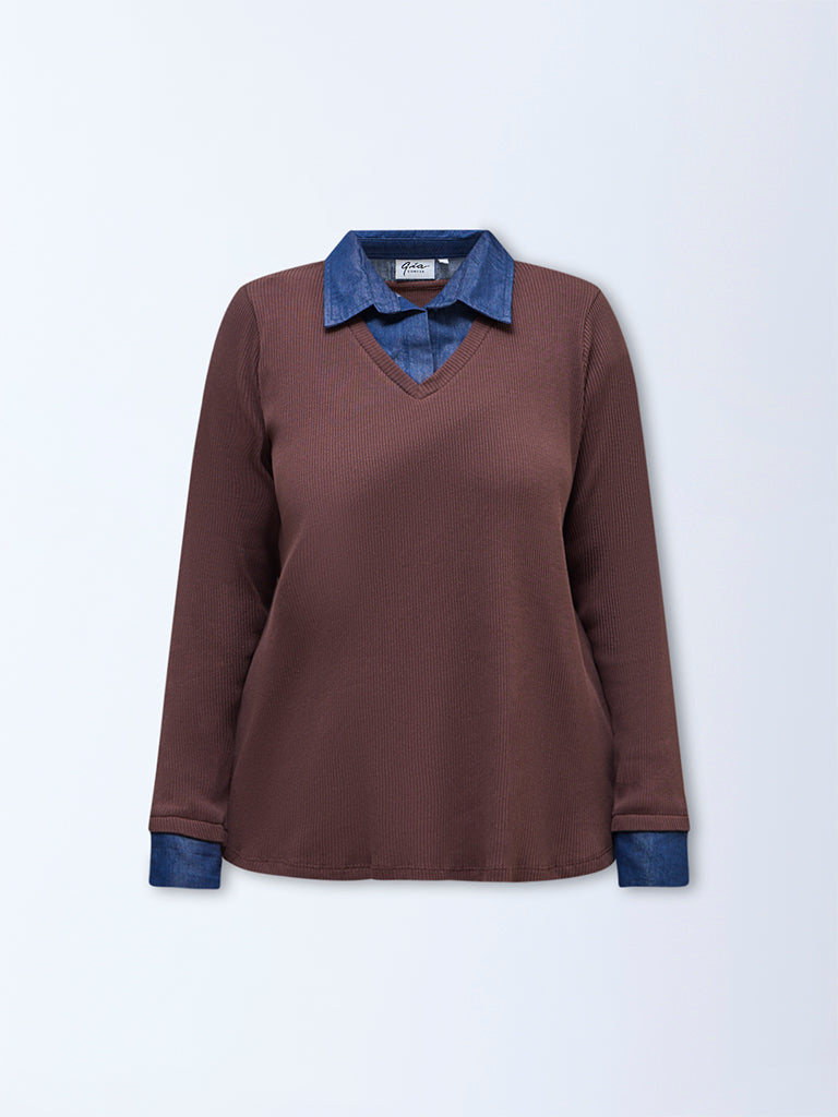 Gia Dark Brown Ribbed-Textured Cotton T-Shirt