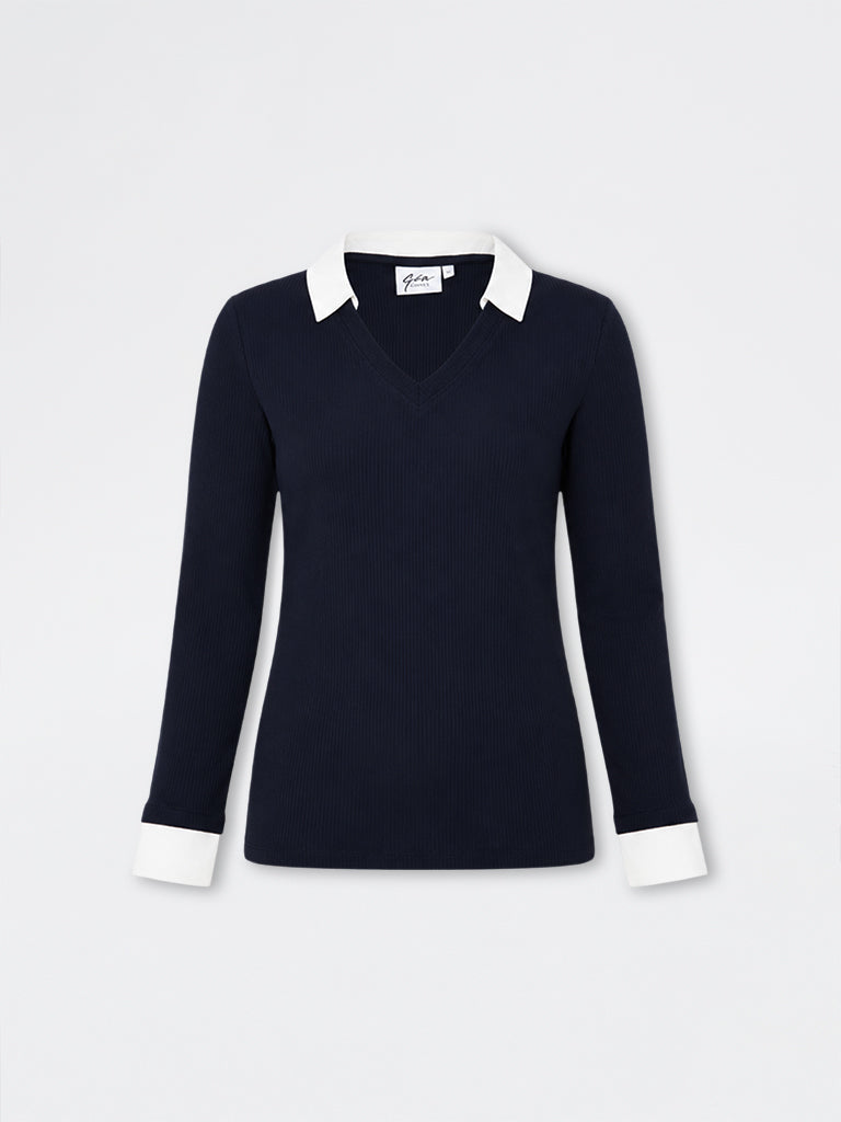 Gia Navy Ribbed Collar-Detail Blouse