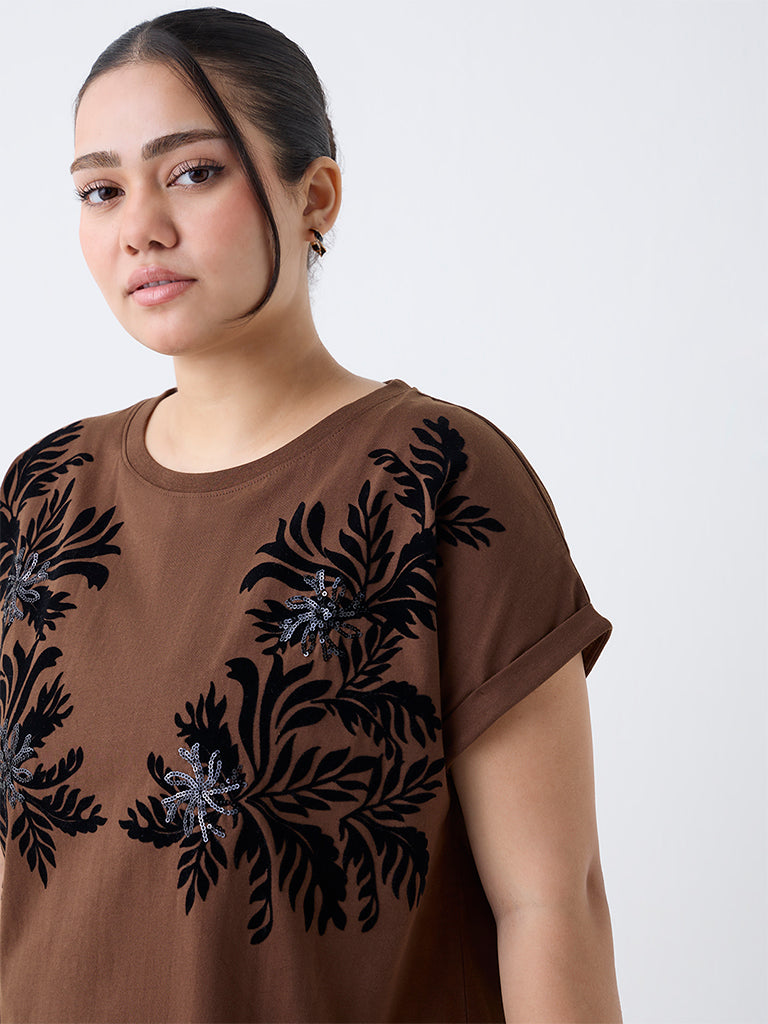 Gia Dark Brown Floral Pattern Cotton T-Shirt