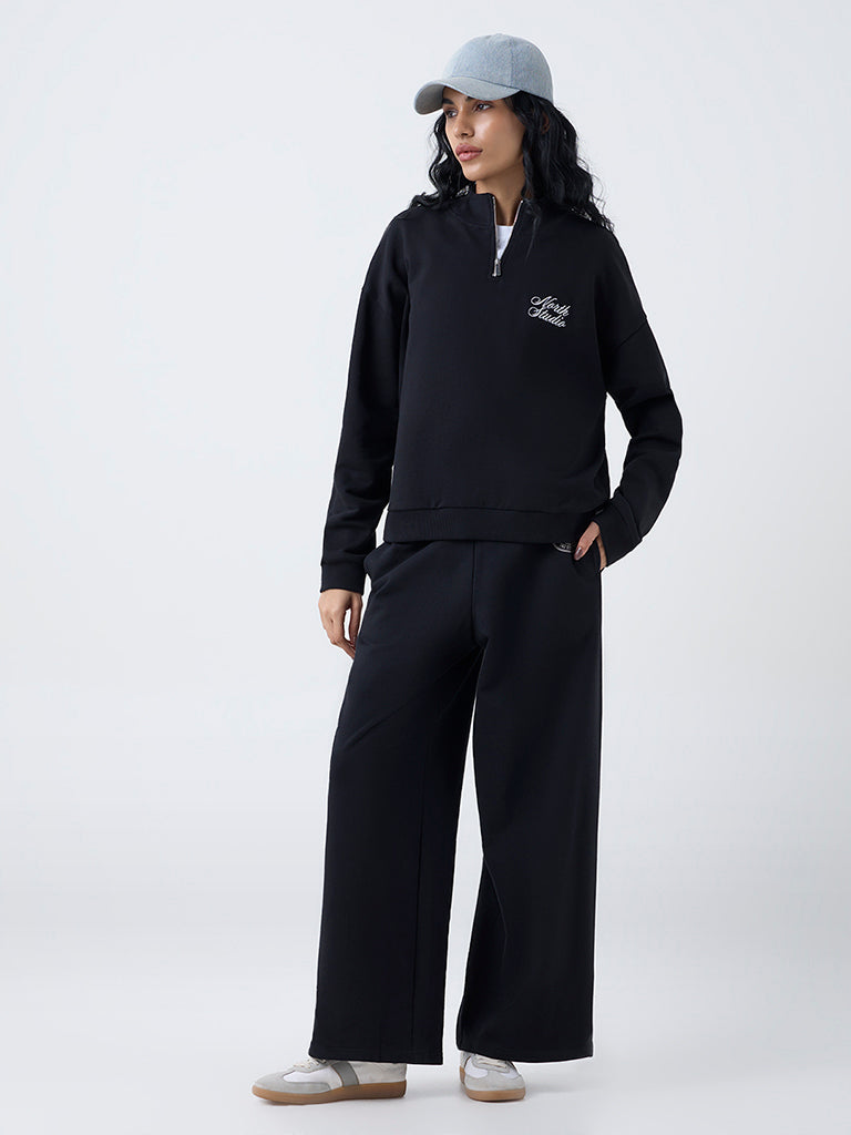 Studiofit Black Text Design Cotton Sweatshirt